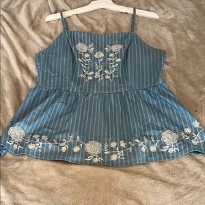 Blue Embroidered Striped Women's Top